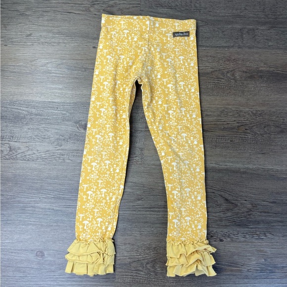 Matilda Jane Girls Mustard Yellow and Cream Mushroom Print Ruffle Leggings, sz 6 - Picture 1 of 6